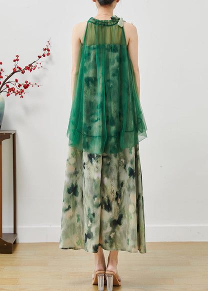 Green Cold Shoulder Tie Dye Chiffon Dresses Summer