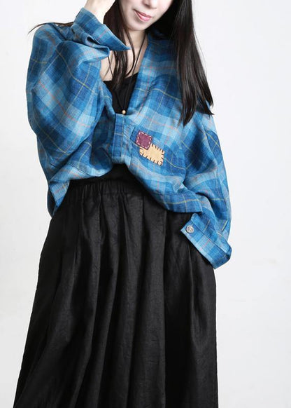 Blue Plaid Batwing Sleeve Linen Summer Shirt Tops