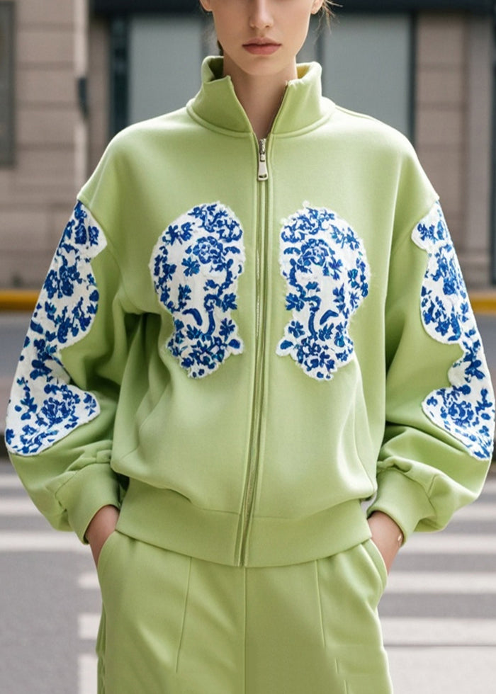 Diy Fruits Green Stand Collar Print Cotton Jacket Fall