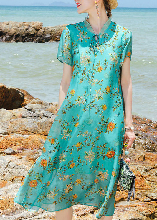 Green Stand Collar Lace Up Print Silk a Line Dress Short Sleeve