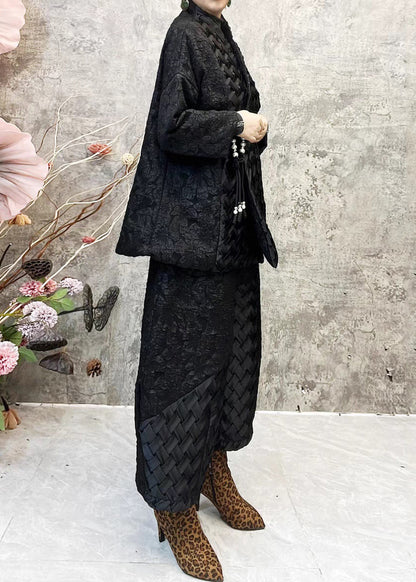 Black Button Patchwork Cotton Filled Two Pieces Set V Neck Long Sleeve