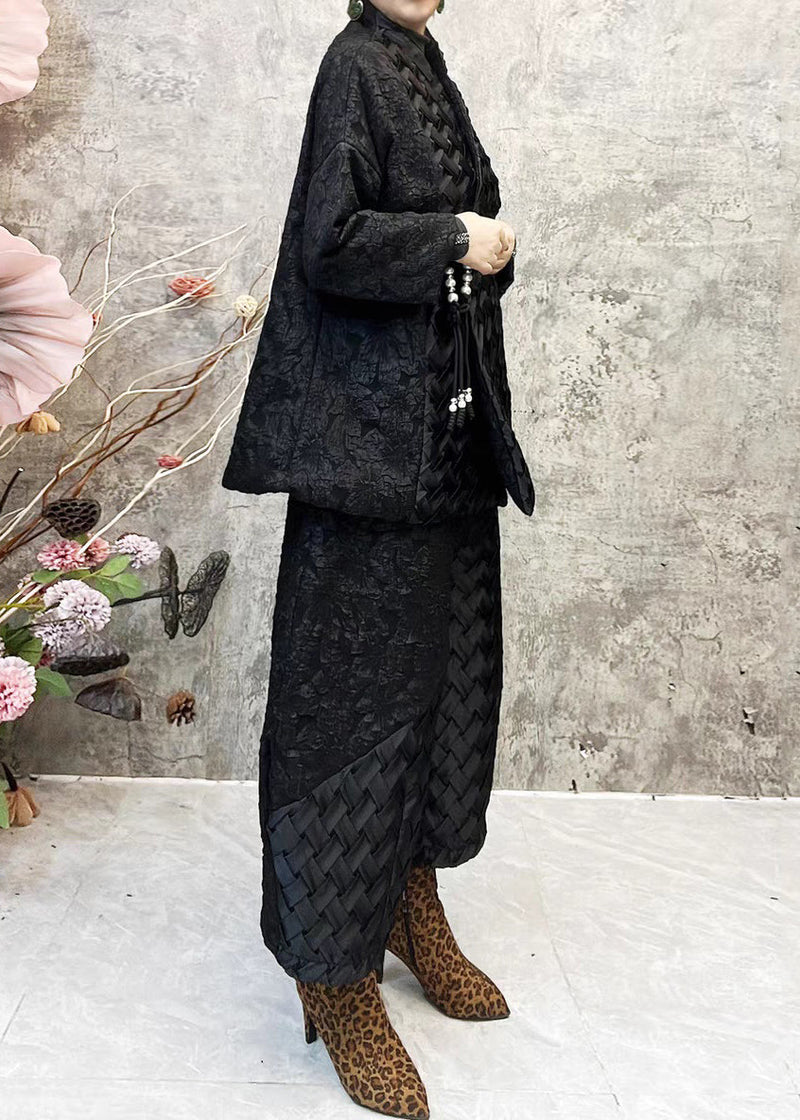 Black Button Patchwork Cotton Filled Two Pieces Set V Neck Long Sleeve