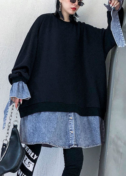 Comfy Black O-neck Patchwork Button Fall Sweatshirts Top