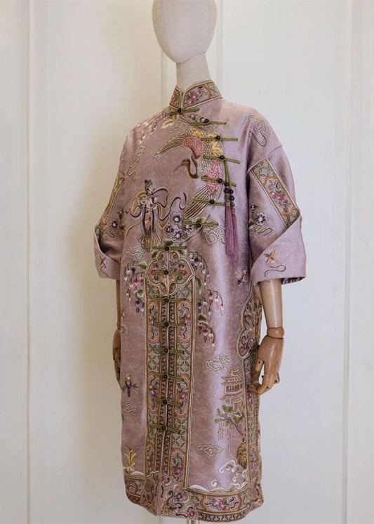 Pink Stand Collar Button Silk Cotton Maxi Dresses Fall