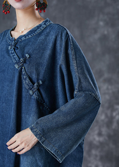 Navy Oversized Chinese Button Denim Maxi Dress Fall
