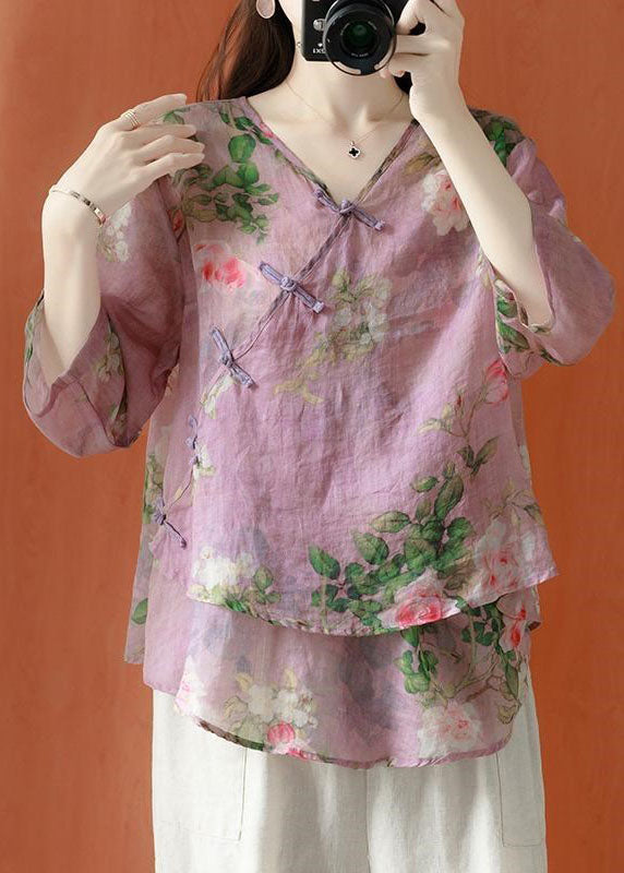 Brown Asymmetrical Print Linen Blouses Half Sleeve