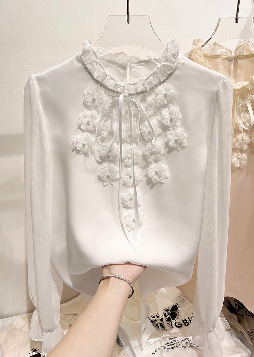 Apricot Ruffled Lace Up Chiffon Shirt Long Sleeve Spring