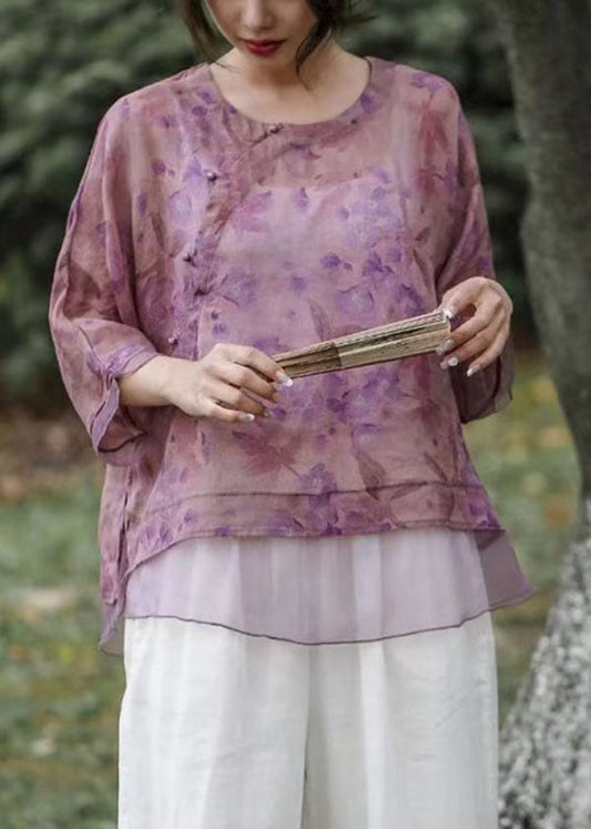 Purple Print Chinese Button Patchwork Linen Top Summer
