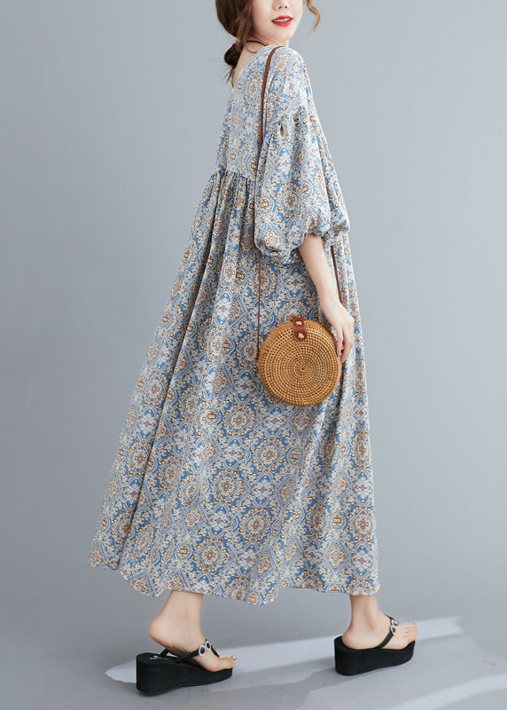 Light Blue Print Wrinkled Long Dresses Lantern Sleeve