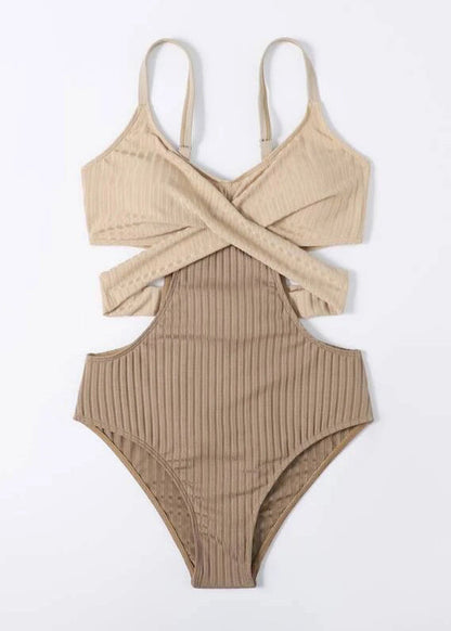 Classy Beige Striped Patchwork Backless Swimwear Bodysuit