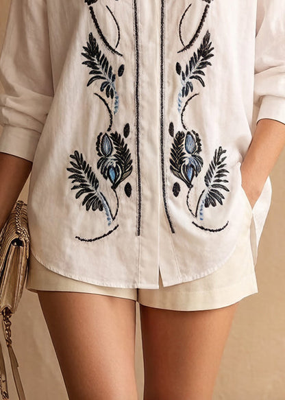 White Embroidered Cotton Shirt Top Spring