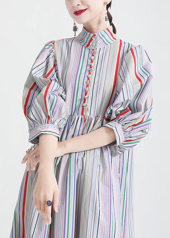 Stand Collar Multi Striped Puff Sleeve Cotton Party Dress