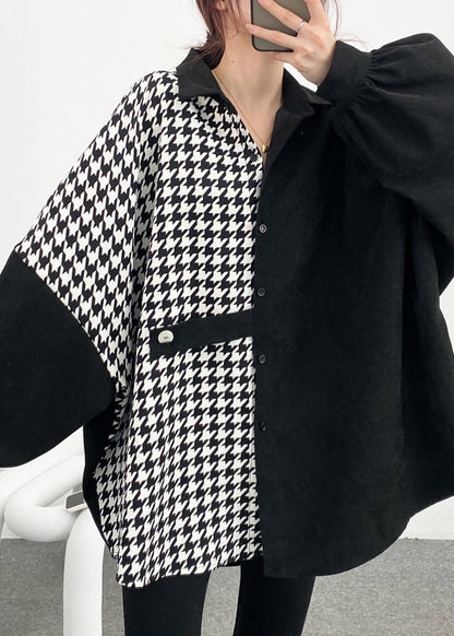 Black Asymmetrical Button Patchwork Cotton Shirt Batwing Sleeve
