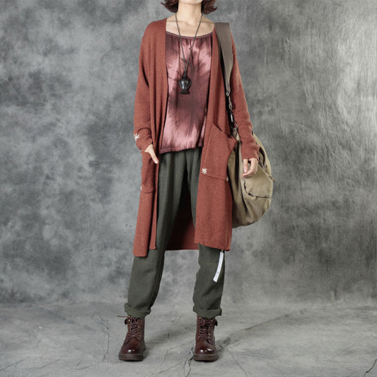 Brick Red Knit Pockets Embroideried Fall Cardigan Long Sleeve