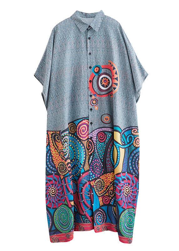 Peter Pan Collar Print Button Cotton Long Shirts Dress Summer