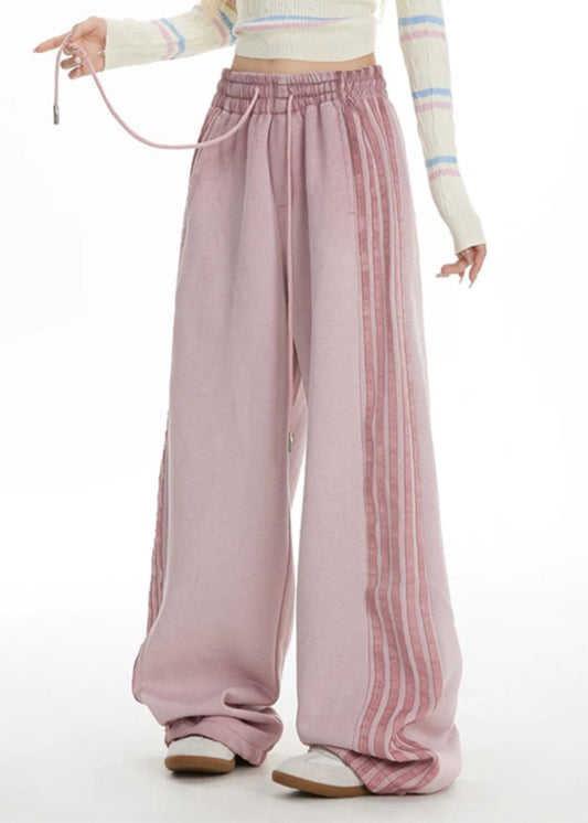Pink Striped Elastic Waist Wide Leg Pants Spring