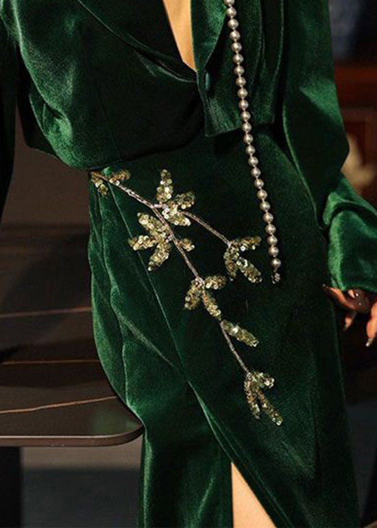 Chinese Style Green Sequins Side Open Velour Two Pieces Set Fall