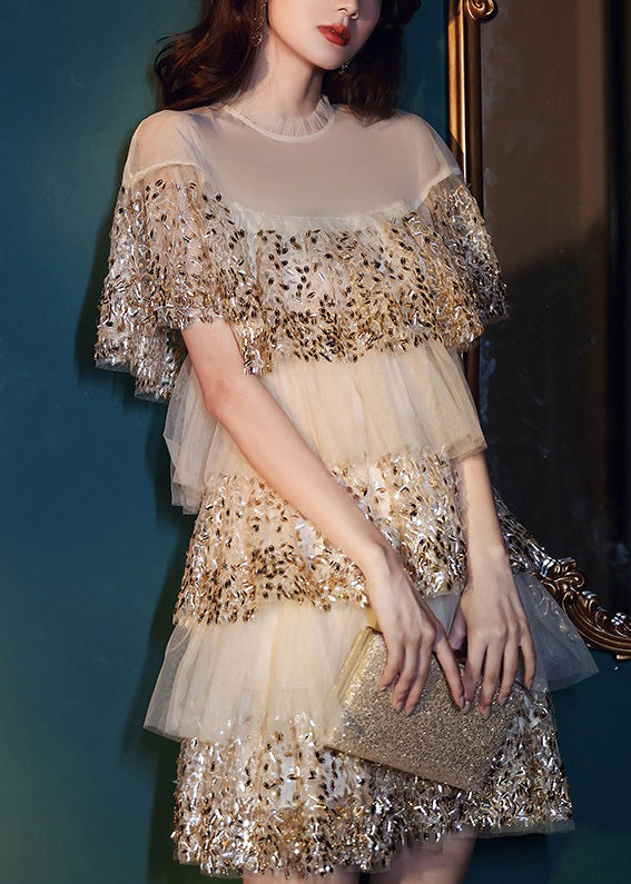 Dinner O-neck Nail Bead Wrinkled Tulle Mid Dress Short Sleeve Summer