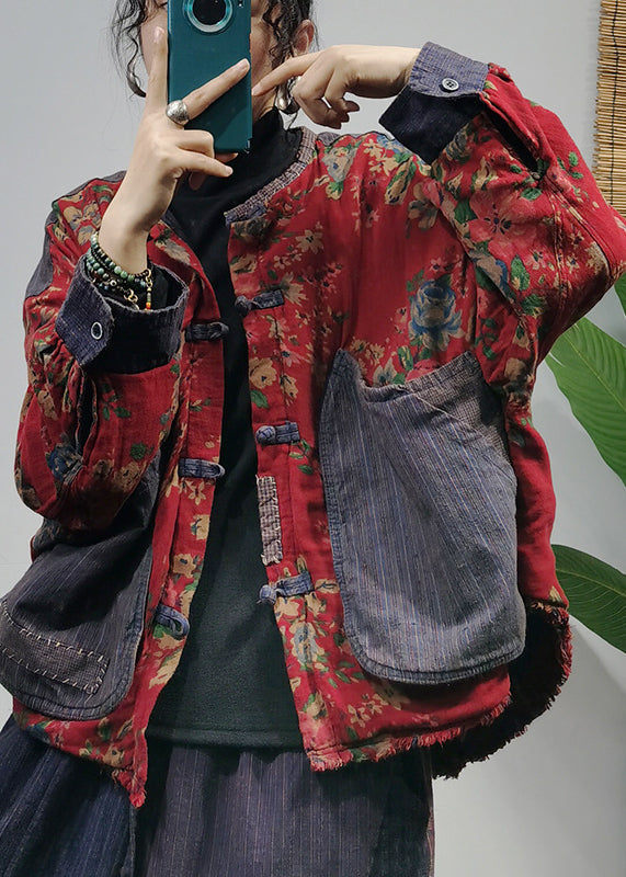 O-neck Button Big Pockets Patchwork Print Cotton Coats Long Sleeve