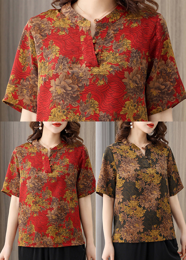 Red O-neck Print Silk Shirts Short Sleeve