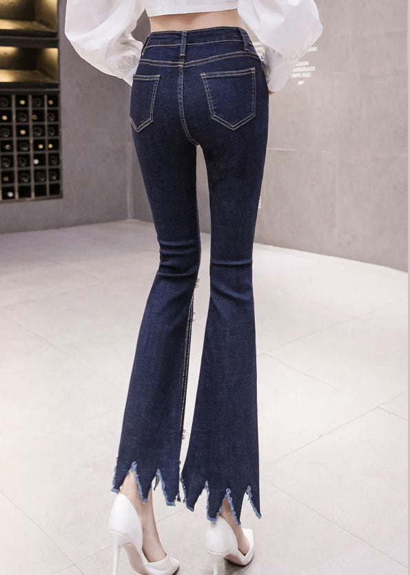 Blue High Waist Button Tassel Crop Jeans Spring