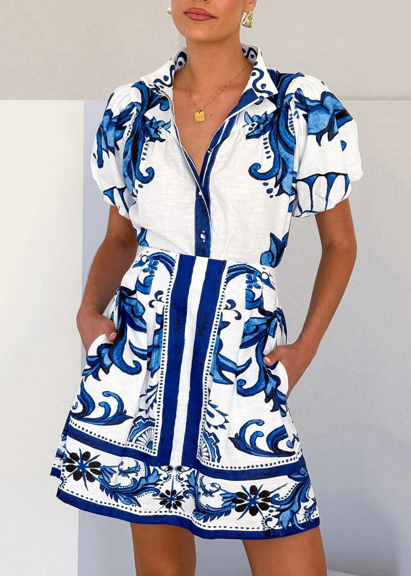New Blue Stand Collar Shirts and Skirts Linen Two Pieces Set Summer