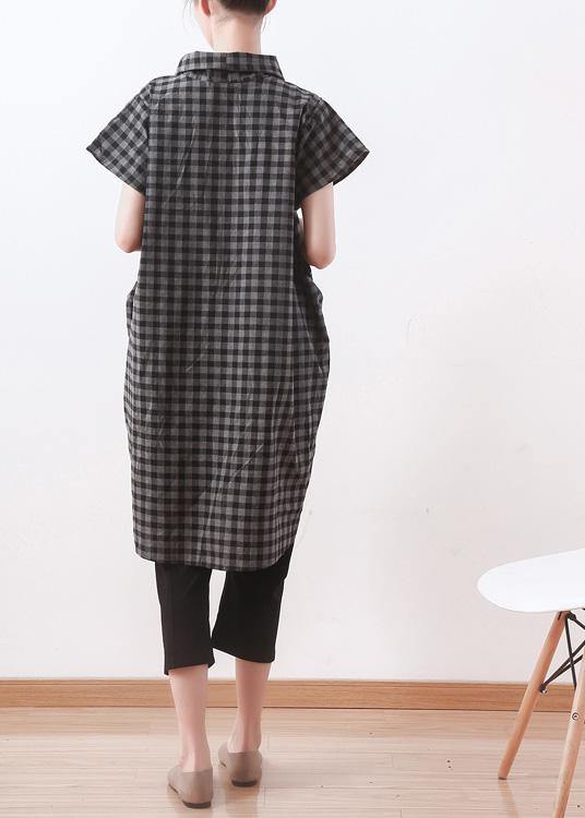 Grey Plaid Turtleneck Asymmetrical Design Summer Blouses
