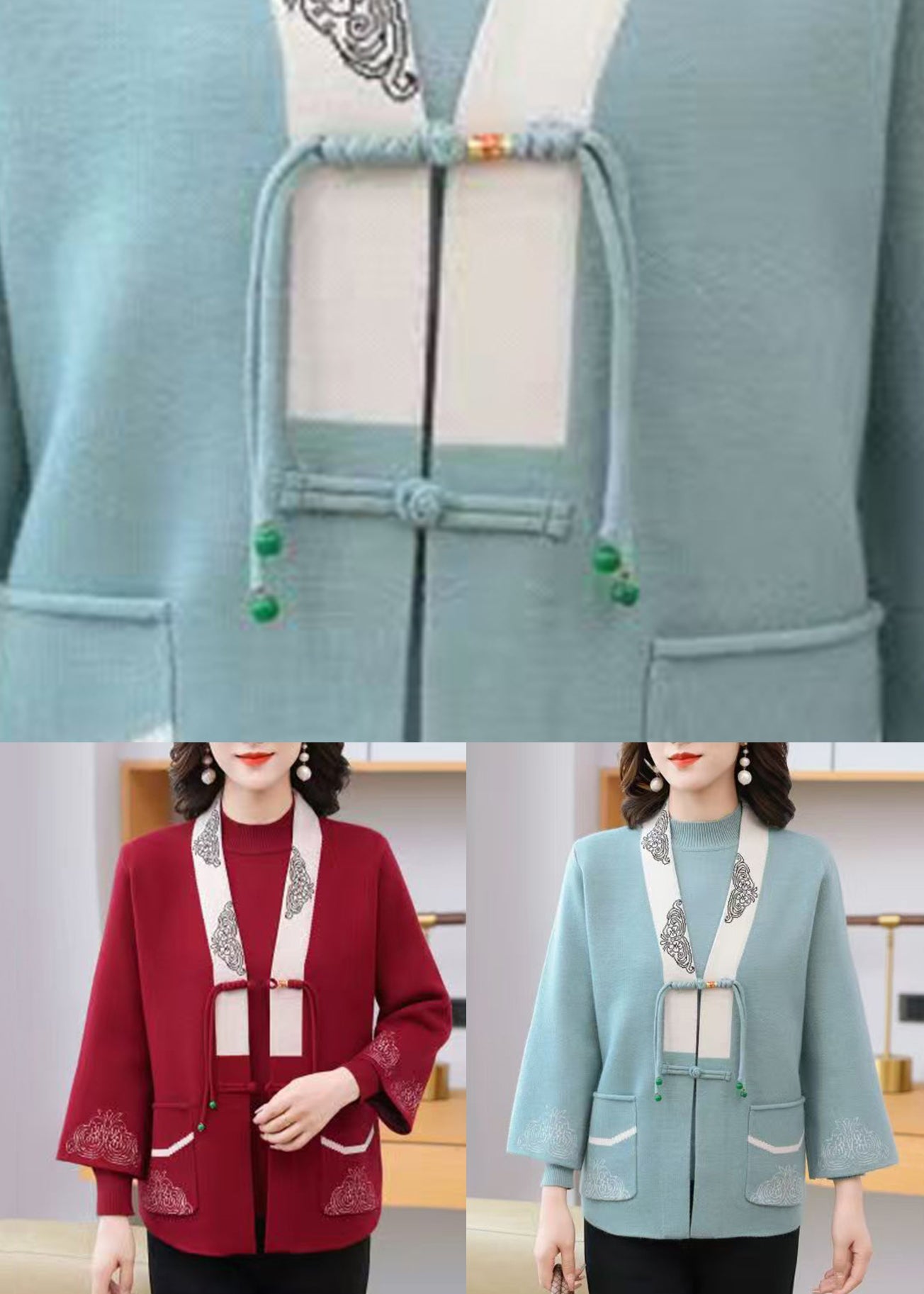 Light Blue V Neck Print Tassel Cotton Knit Cardigans and Sweaters Two Pieces Set Fall