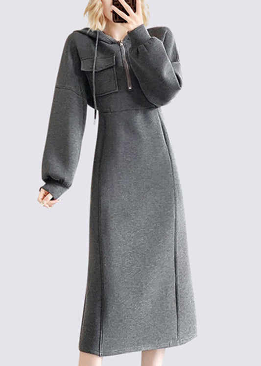 Handmade Dark Grey Tie Lace Patchwork Hooded Maxi Dresses Fall