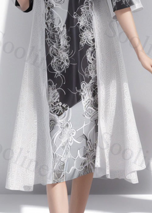New Black Print Patchwork Silk Long Dresses Half Sleeve