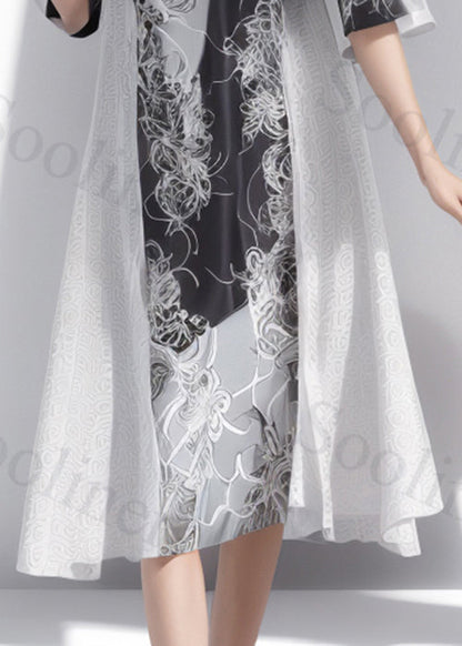 New Black Print Patchwork Silk Long Dresses Half Sleeve