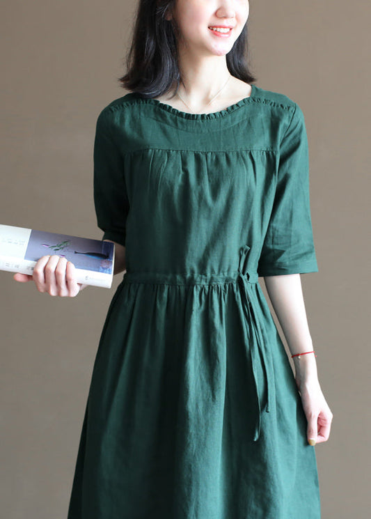 Loose Blackish Green Drawstring Ruffled Cotton Linen Vacation Dress Half Sleeve