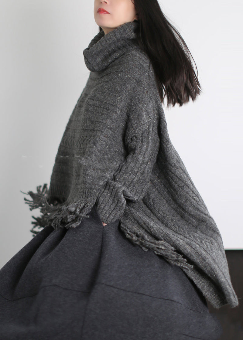 French Grey Turtle Neck Low High Design Knitted Tops Winter