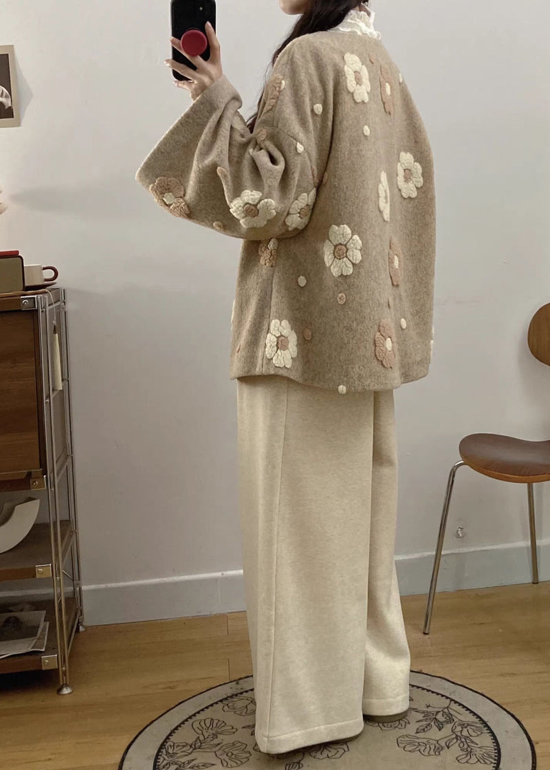 Apricot Chinese Button Coat and Wide Leg Pants Woolen Two Pieces Set Fall