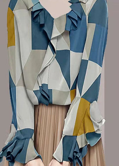 Colorblock V Neck Ruffled Chiffon Shirt Tops Long Sleeve