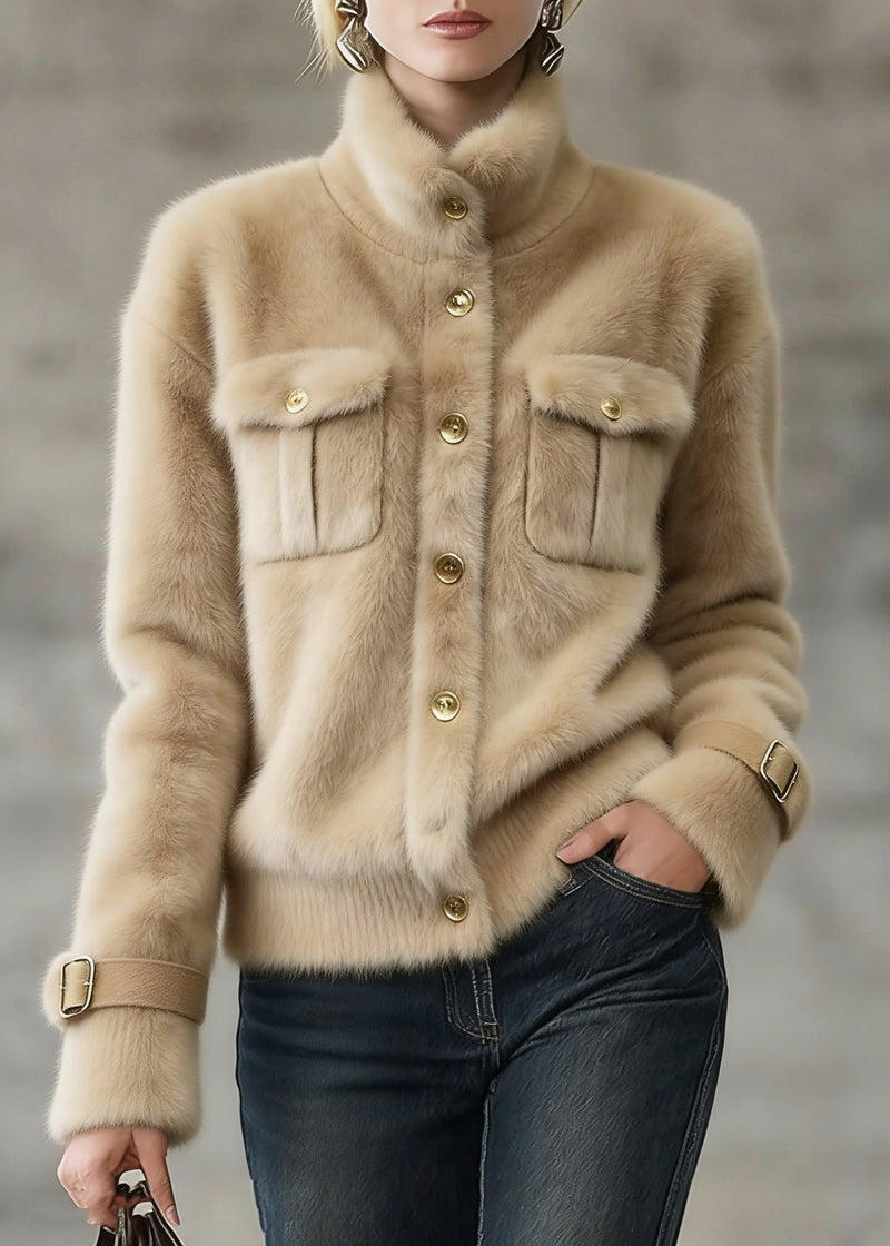 Khaki Stand Collar Pockets Faux Fur Coats Winter