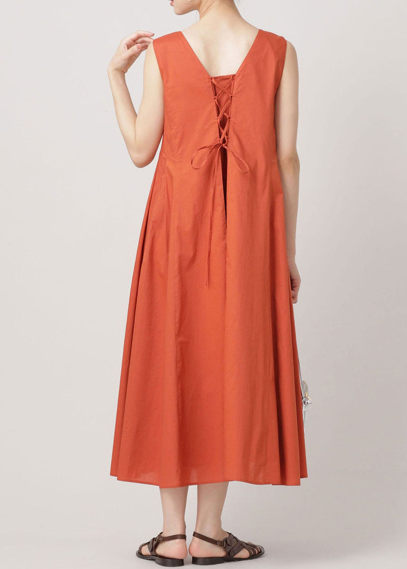 Orange O Neck Wrinkled Exra Large Hem Cotton Dresses Sleeveless