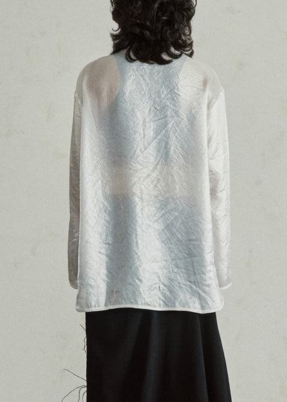 Chinese Style White Embroidered Button Organza Shirts Long Sleeve
