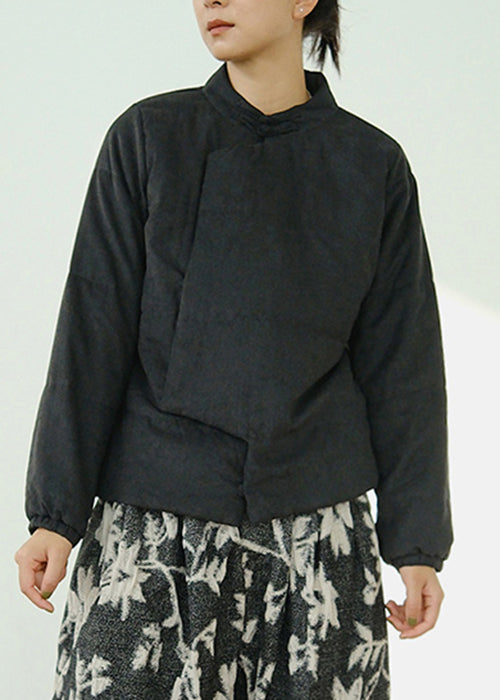 Black Button Pockets Fine Cotton Coats Stand Collar