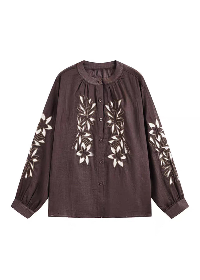 Coffee O-neck Button Embroidered Ramie Shirt Spring