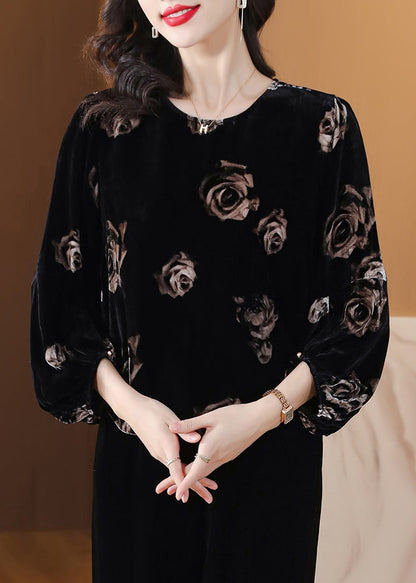 Black O Neck Print Velour Tops Lantern Sleeve