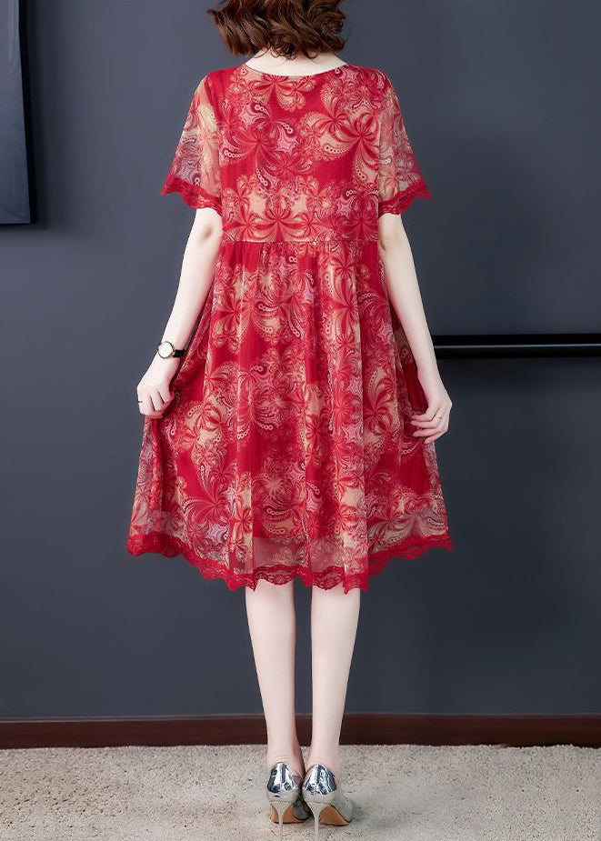 Red O Neck Print Lace Tulle Dress Summer