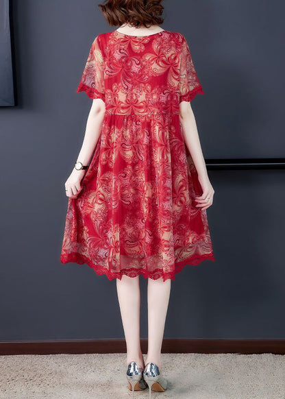 Red O Neck Print Lace Tulle Dress Summer
