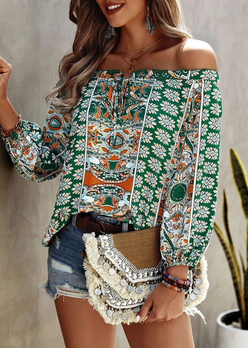 Blue Cold Shoulder Print Cotton Blouse Top Long Sleeve