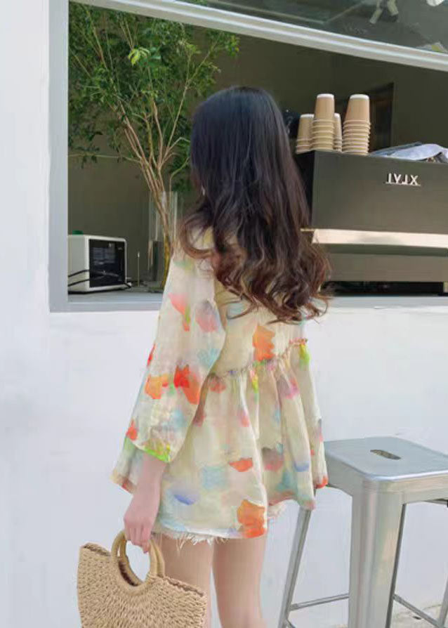 Green V Neck Print Linen Shirt Bracelet Sleeve