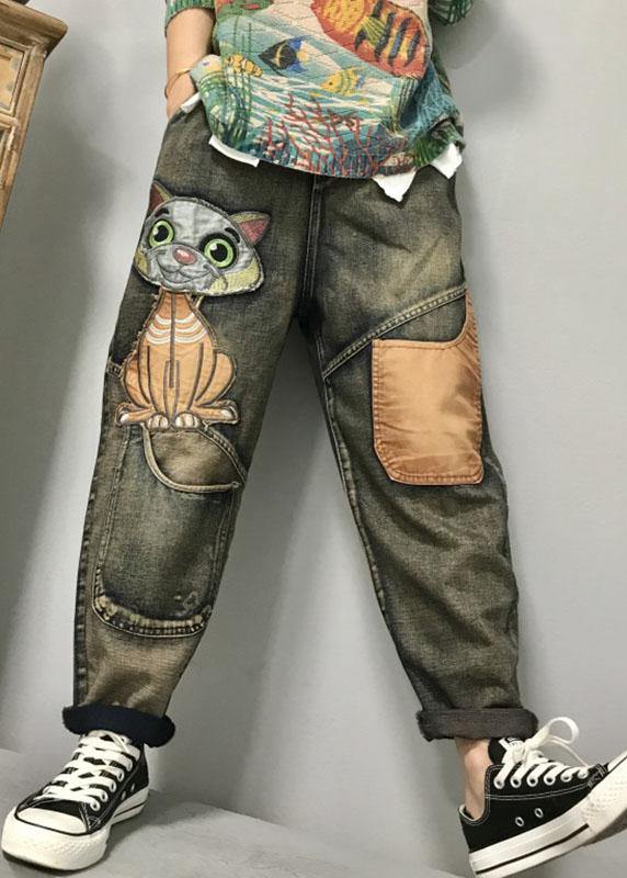 Cat Embroidery Patchwork Mid Waist Loose Denim Harem Jeans