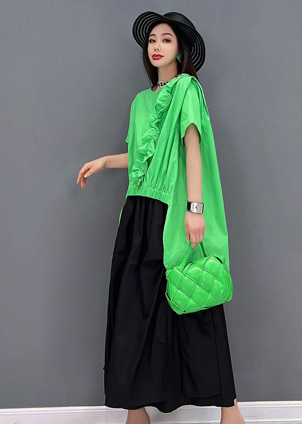Green Asymmetrical Ruffled Patchwork Low High Design Two Piece Set Clothing Summer