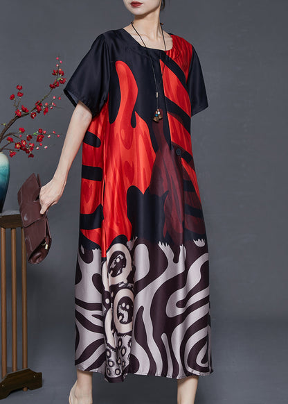 Red Oversized Print Silk Holiday Dress Summer