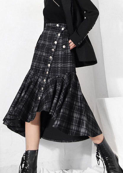 Black Low High Design Ruffles Plaid Skirt Spring