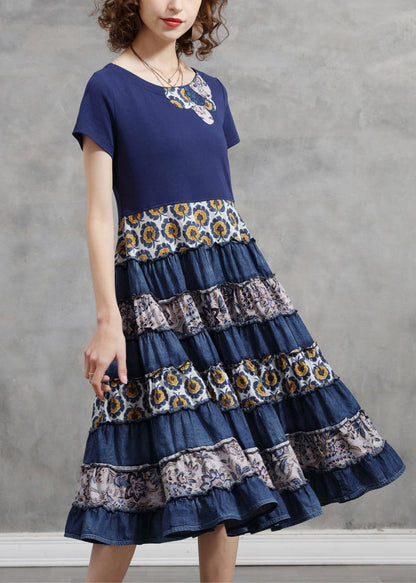 Blue O-neck Patchwork Cotton Vacation Pleated Dresses Short Sleeve